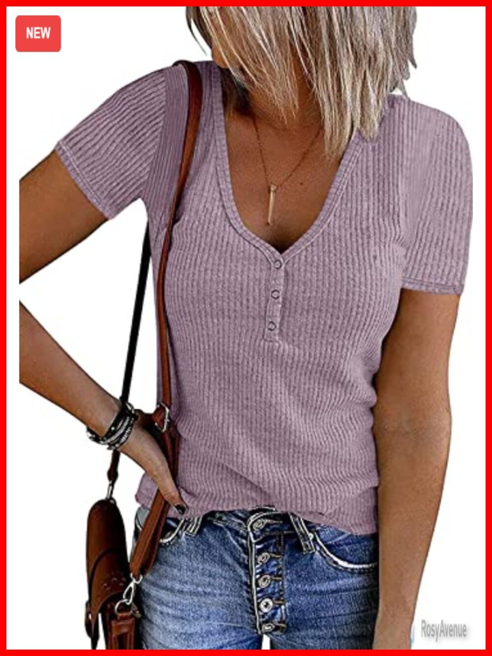 Womens Summer Short Sleeve Ribbed Knit Button Front V Neck Slim Fit T Shirt